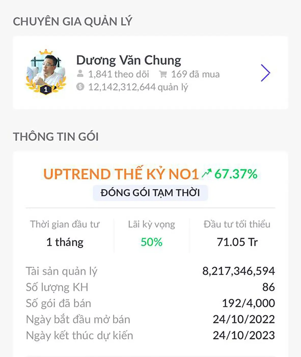 Gói cổ phiếu UPTREND THẾ KỶ NO1 - lợi nhuận trên 67%