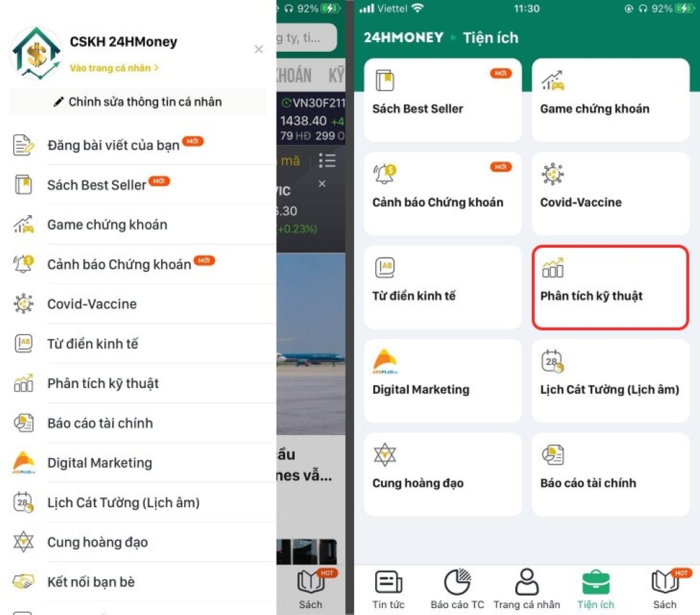Giao diện ứng dụng 24HMoney