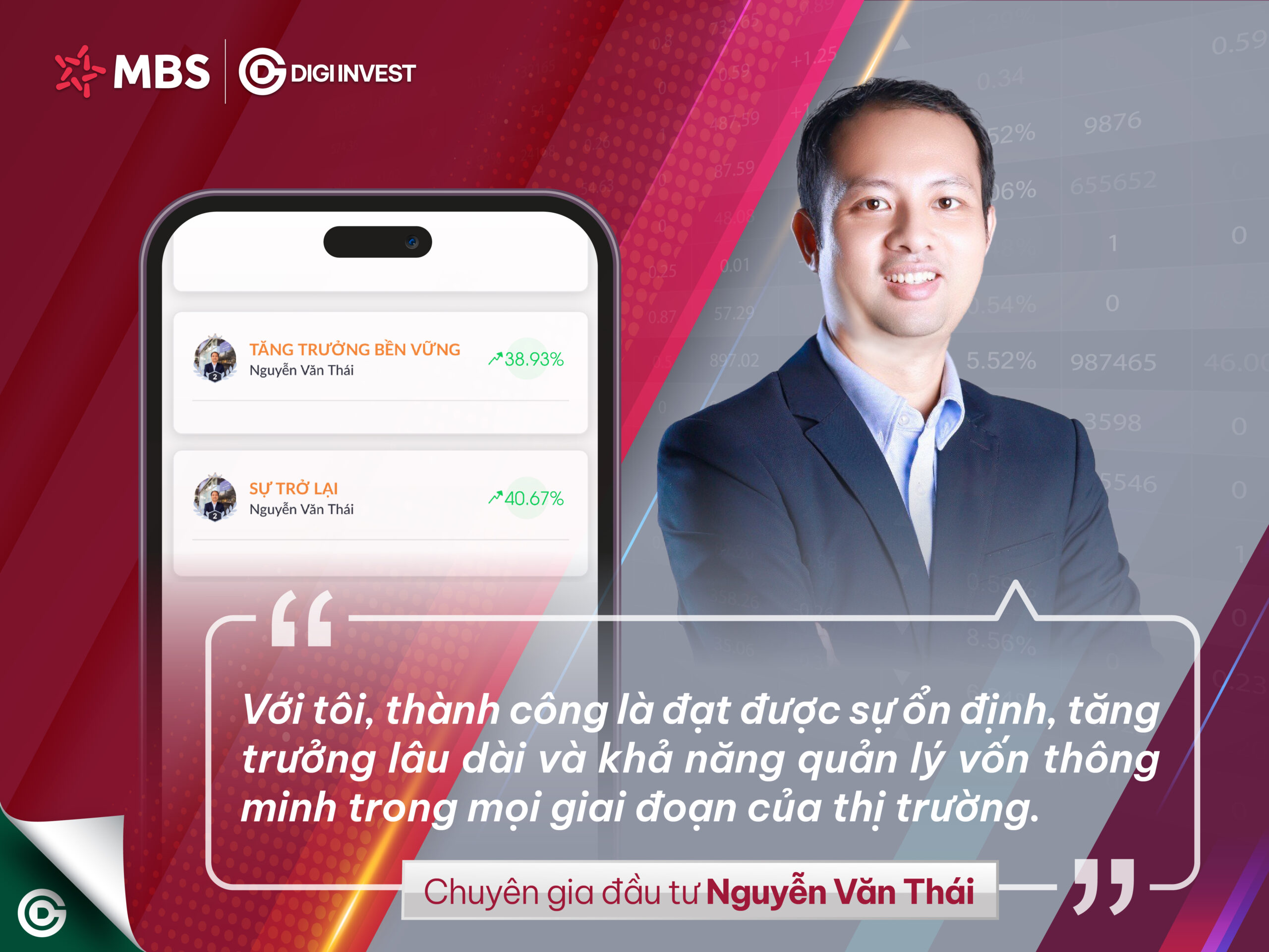 "Với tôi, thành công là đạt được sự ổn định, tăng trưởng lâu dài, và khả năng quản lý vốn thông minh trong mọi giai đoạn của thị trường," chuyên gia Nguyễn Văn Thái chia sẻ.